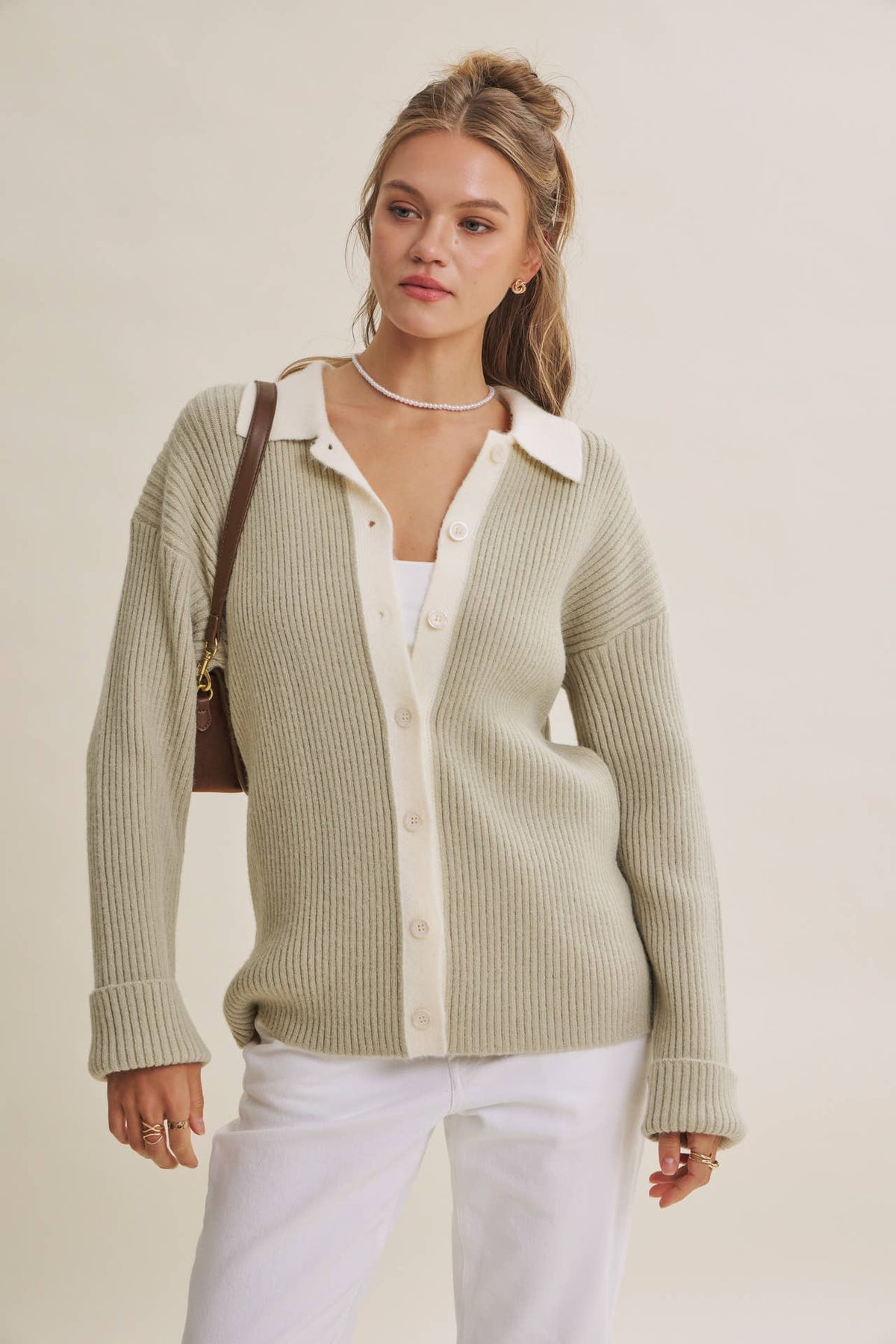 Contrast Collar Ribbed Cardigan