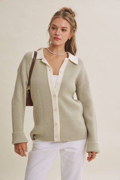 Contrast Collar Ribbed Cardigan