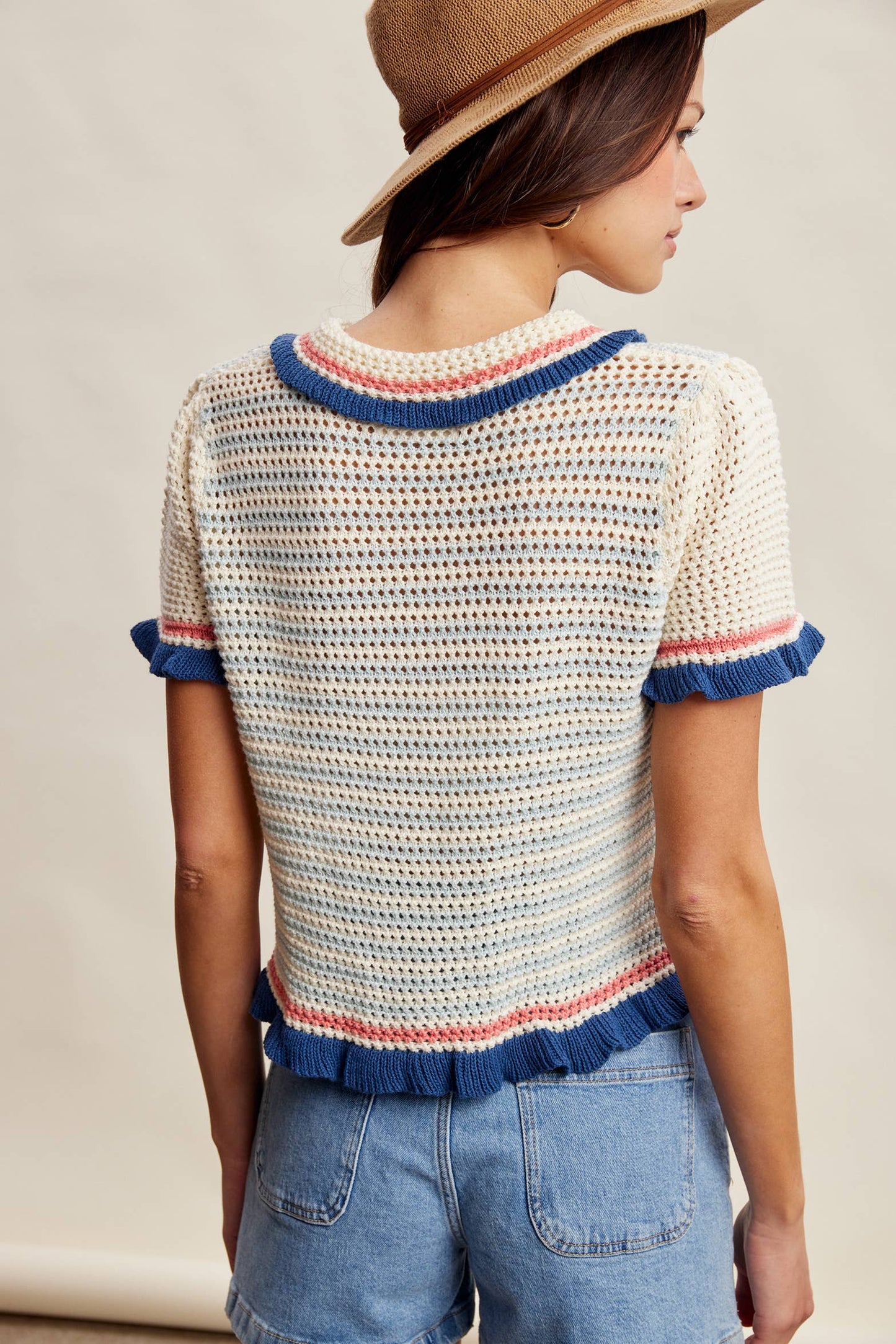 Ruffle Trim Crochet Knit Cardigan Top