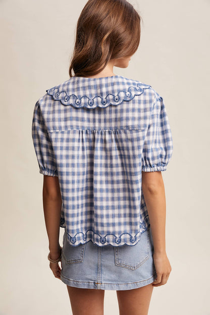 Gingham Embroidered Tie-Front Blouse
