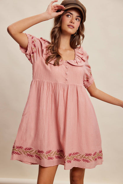 Embroidered Ruffle Collar Textured Gingham Dress