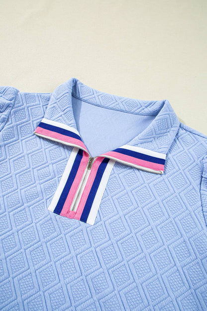 Striped Trim Zipped Stand Collar Puff Sleeve Dress