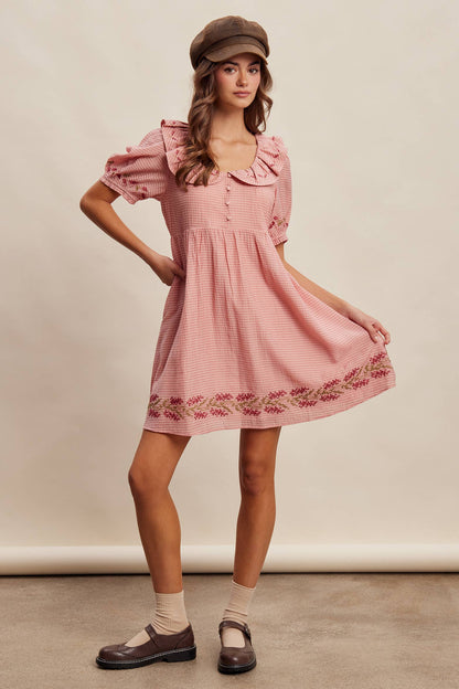 Embroidered Ruffle Collar Textured Gingham Dress