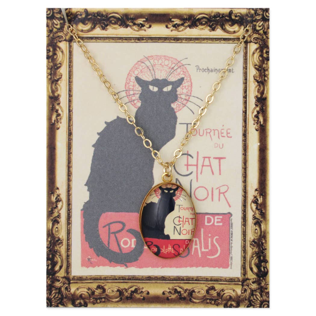 Chat Noir Print Gold Oval Fine Art Necklace