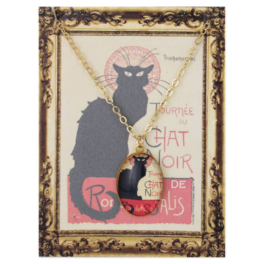 Chat Noir Print Gold Oval Fine Art Necklace