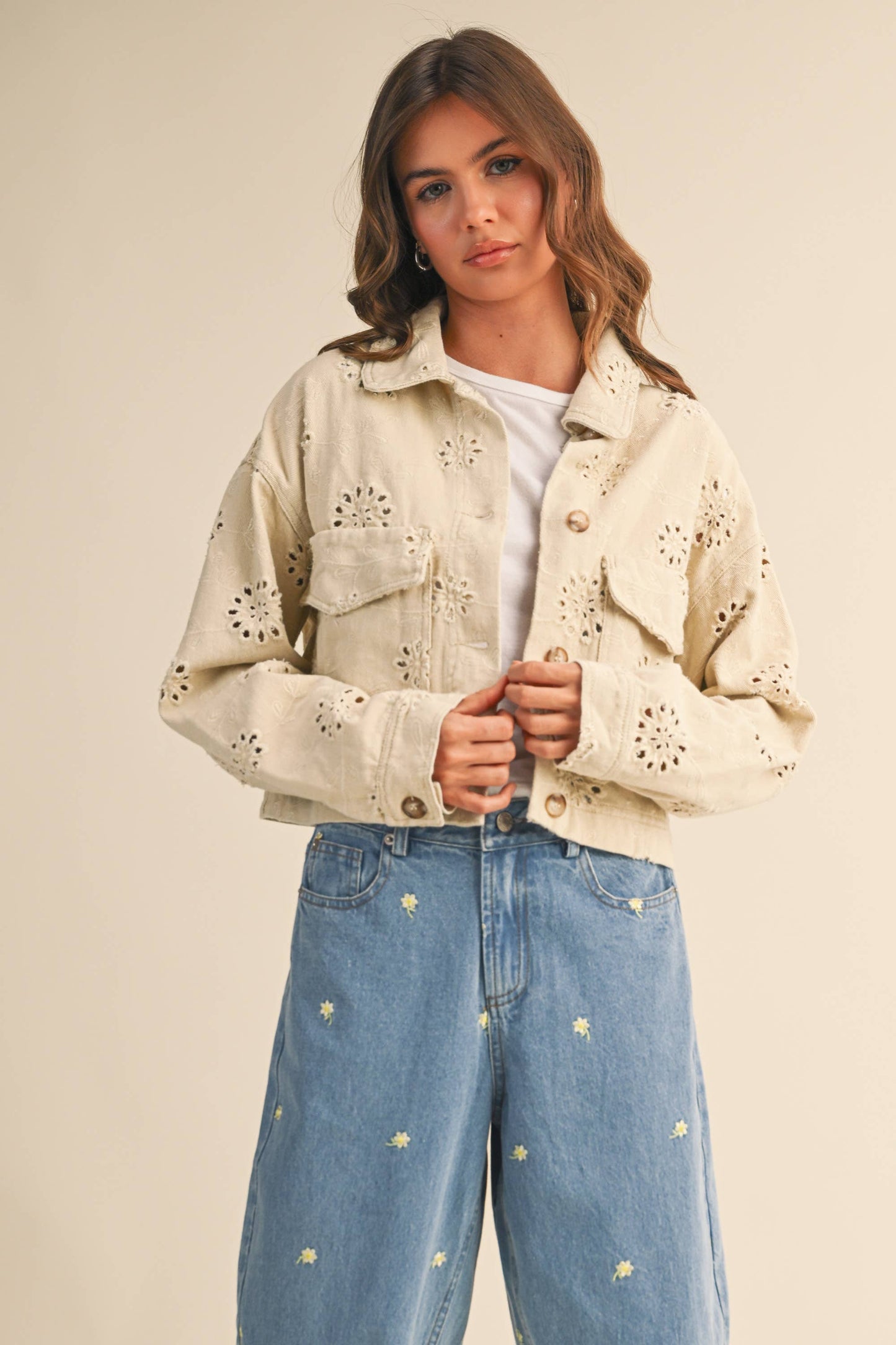 Eyelet Twill Cropped Trucker Jacket
