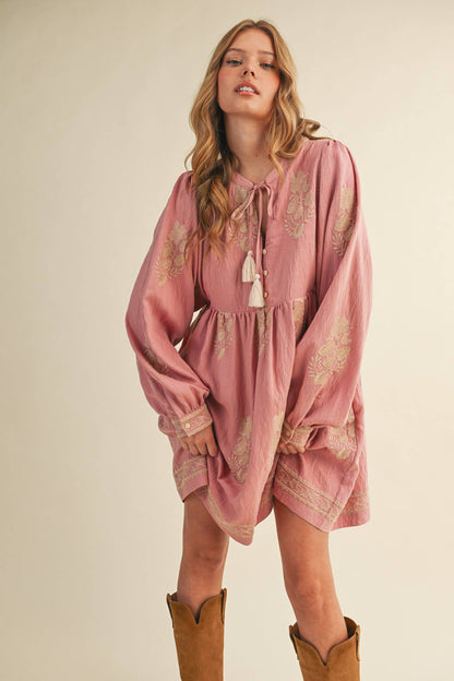 Embroidered Puff Sleeve Mini Dress