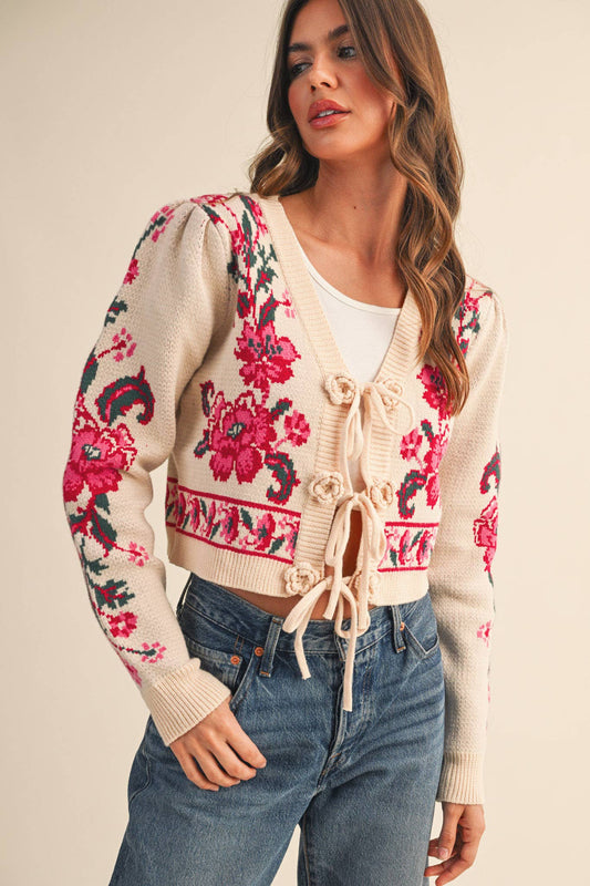 Floral Knit Tie-Front Cardigan