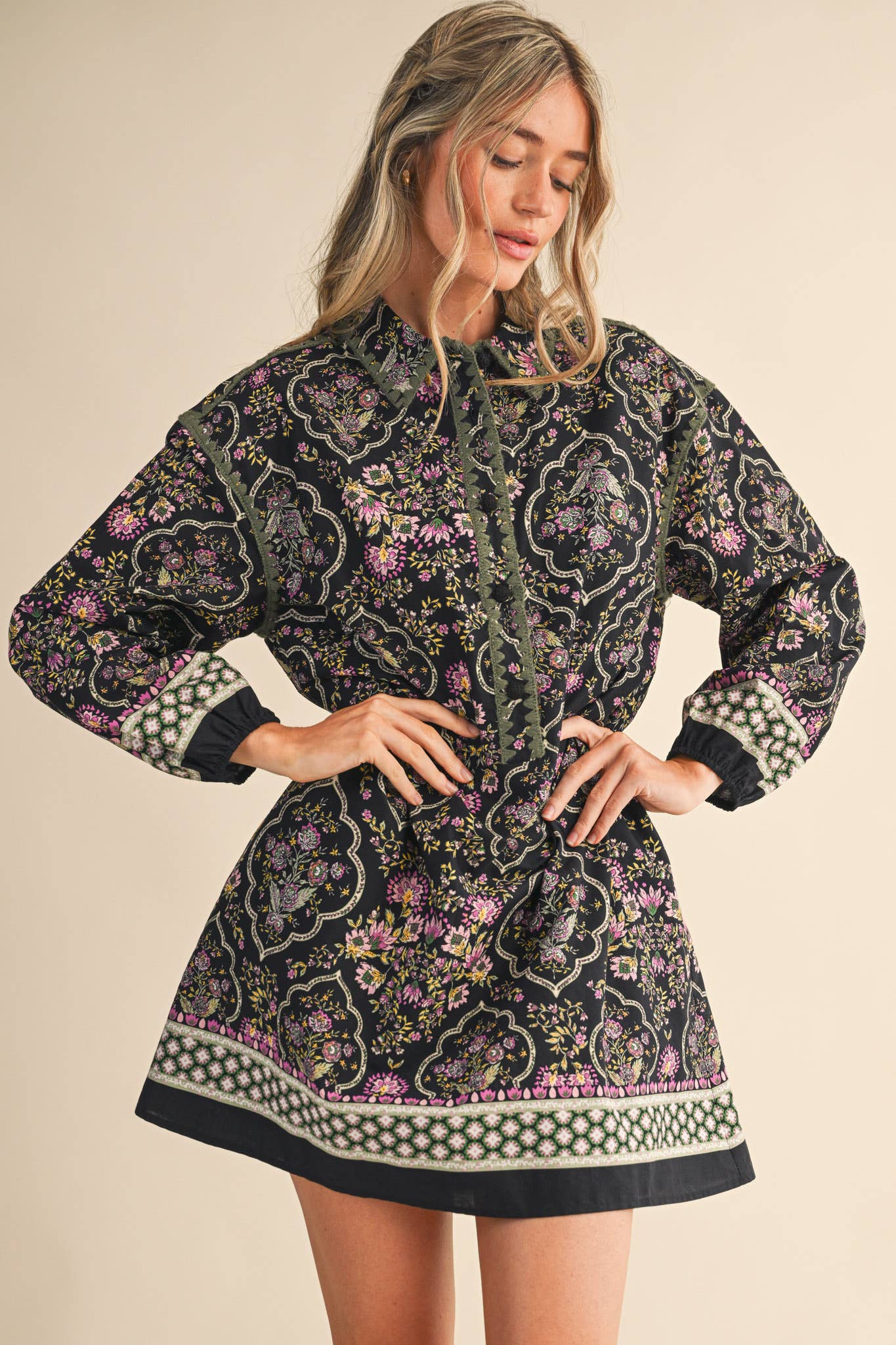 Triangle Stitch Button Down Mini Dress