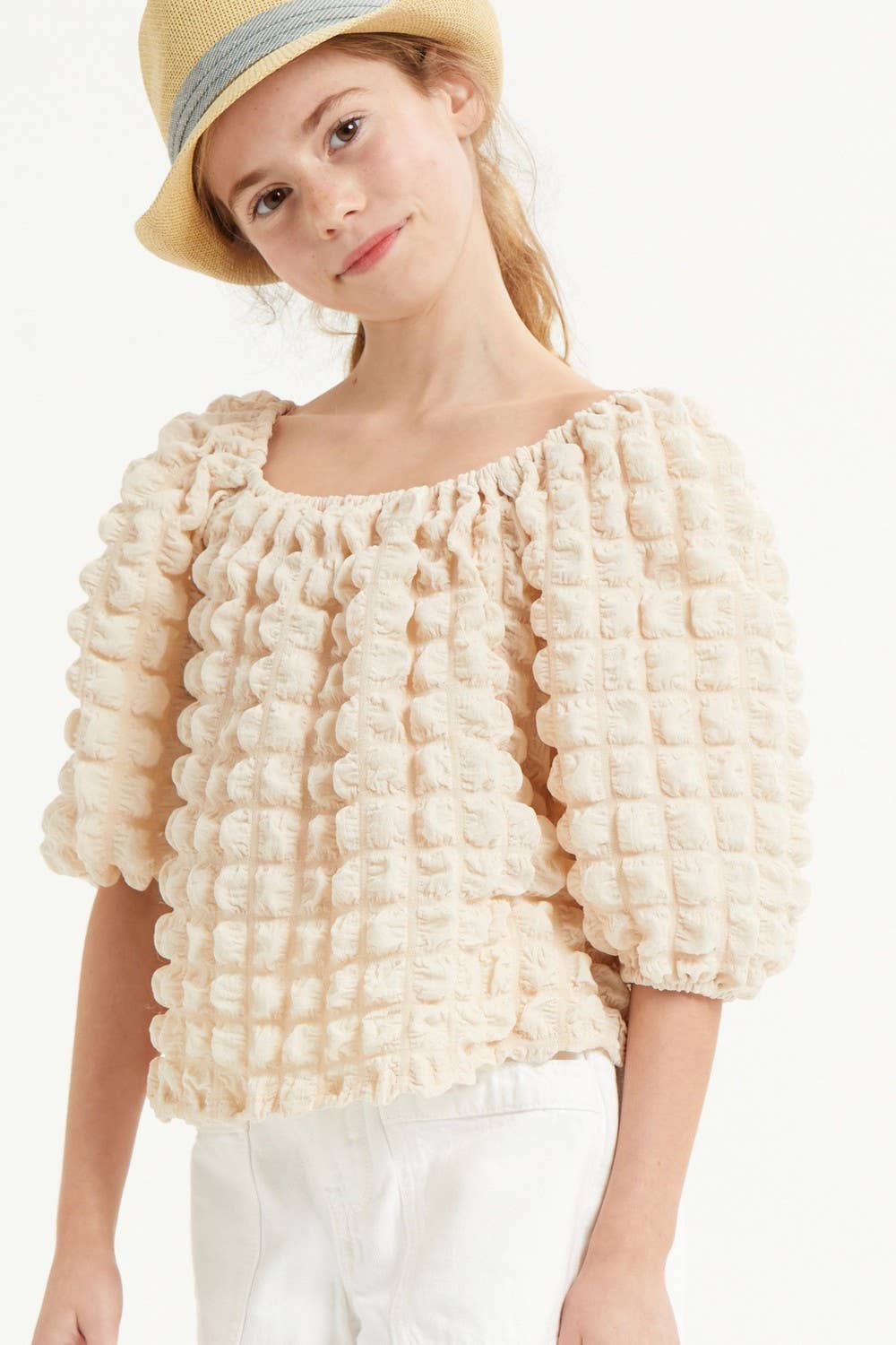 Embossed Bubble Texture Balloon Sleeve Top