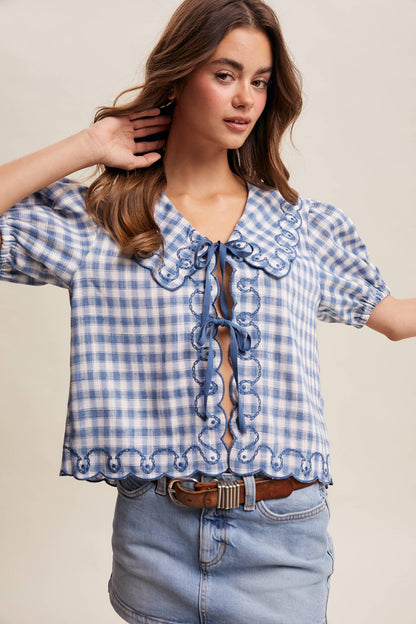 Gingham Embroidered Tie-Front Blouse