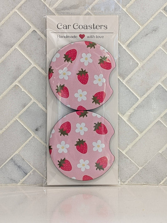 Pink Strawberry Daisies Car Coasters