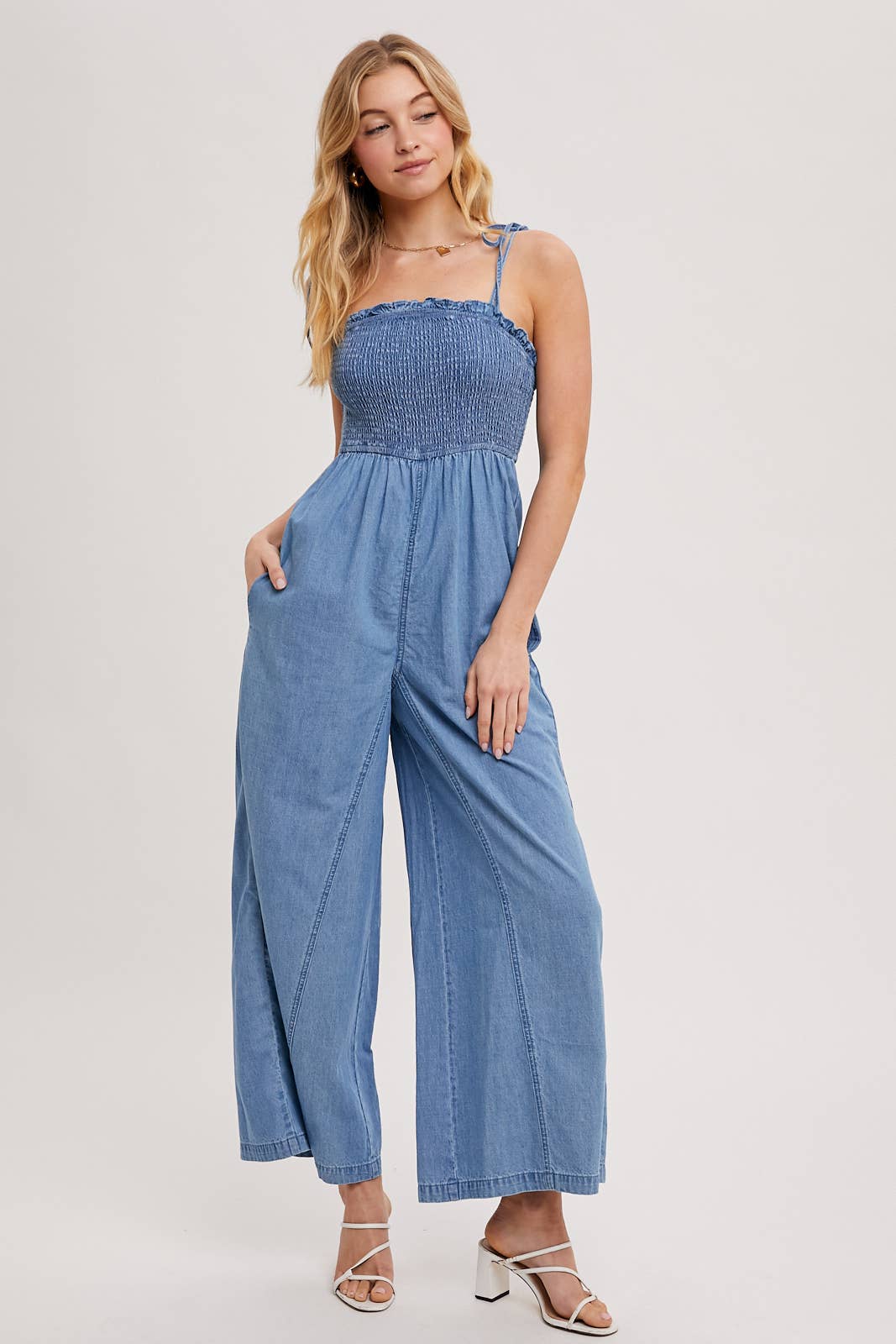 Denim Smocked Jumpsuit