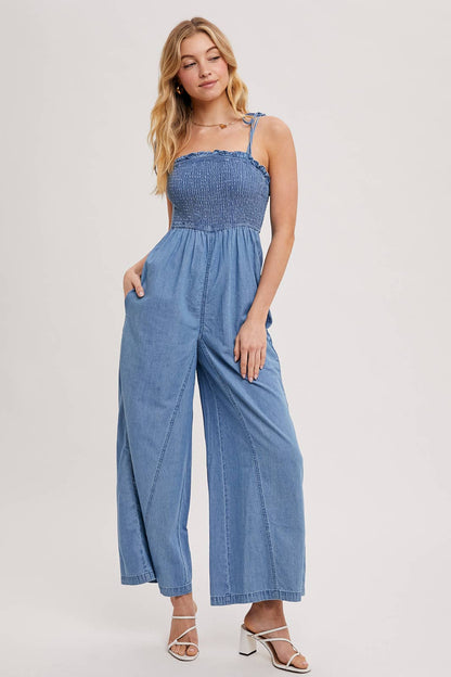 Denim Smocked Jumpsuit