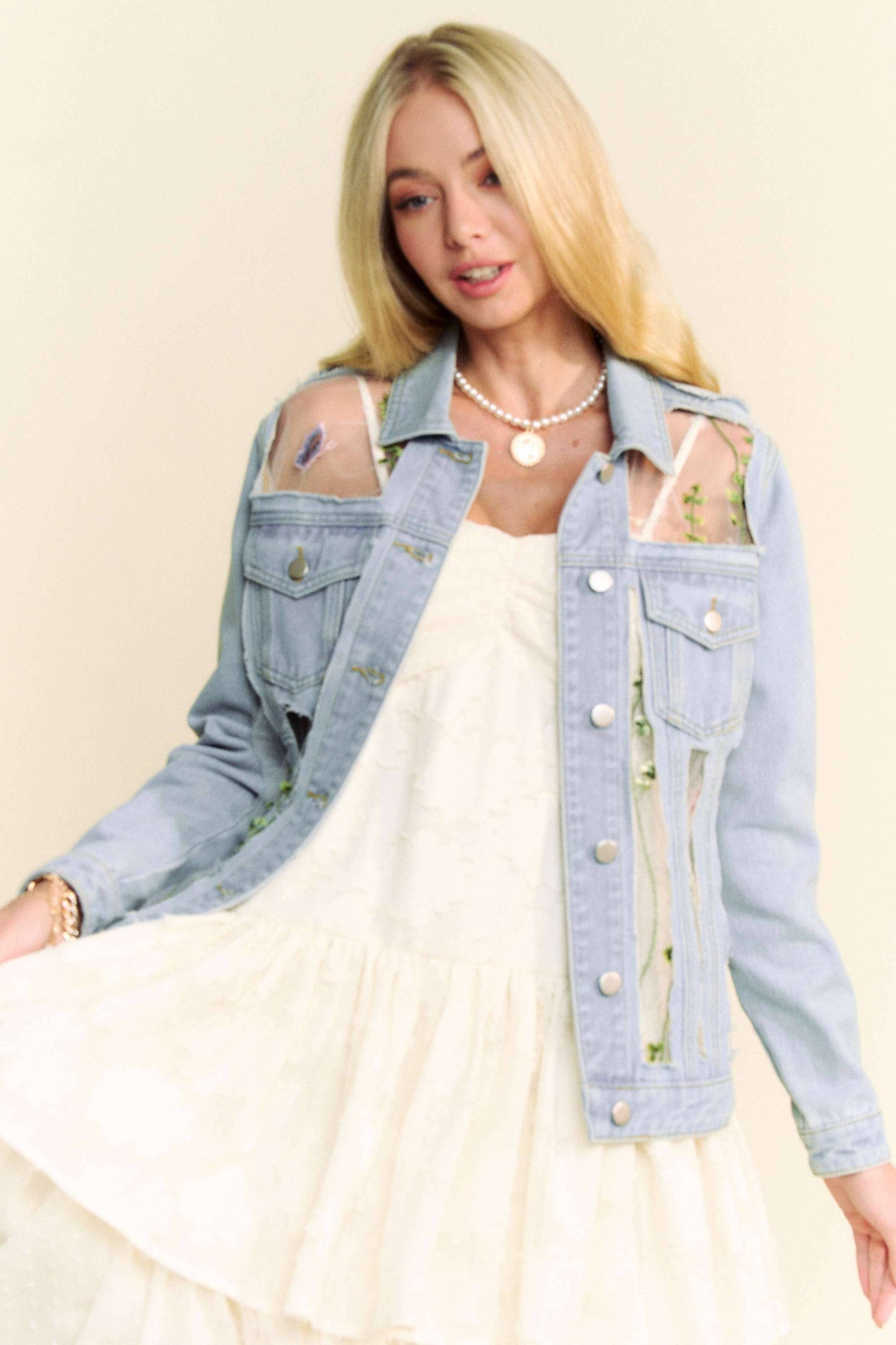 Floral Embroidery Detail Mesh Button Down Denim Jacket