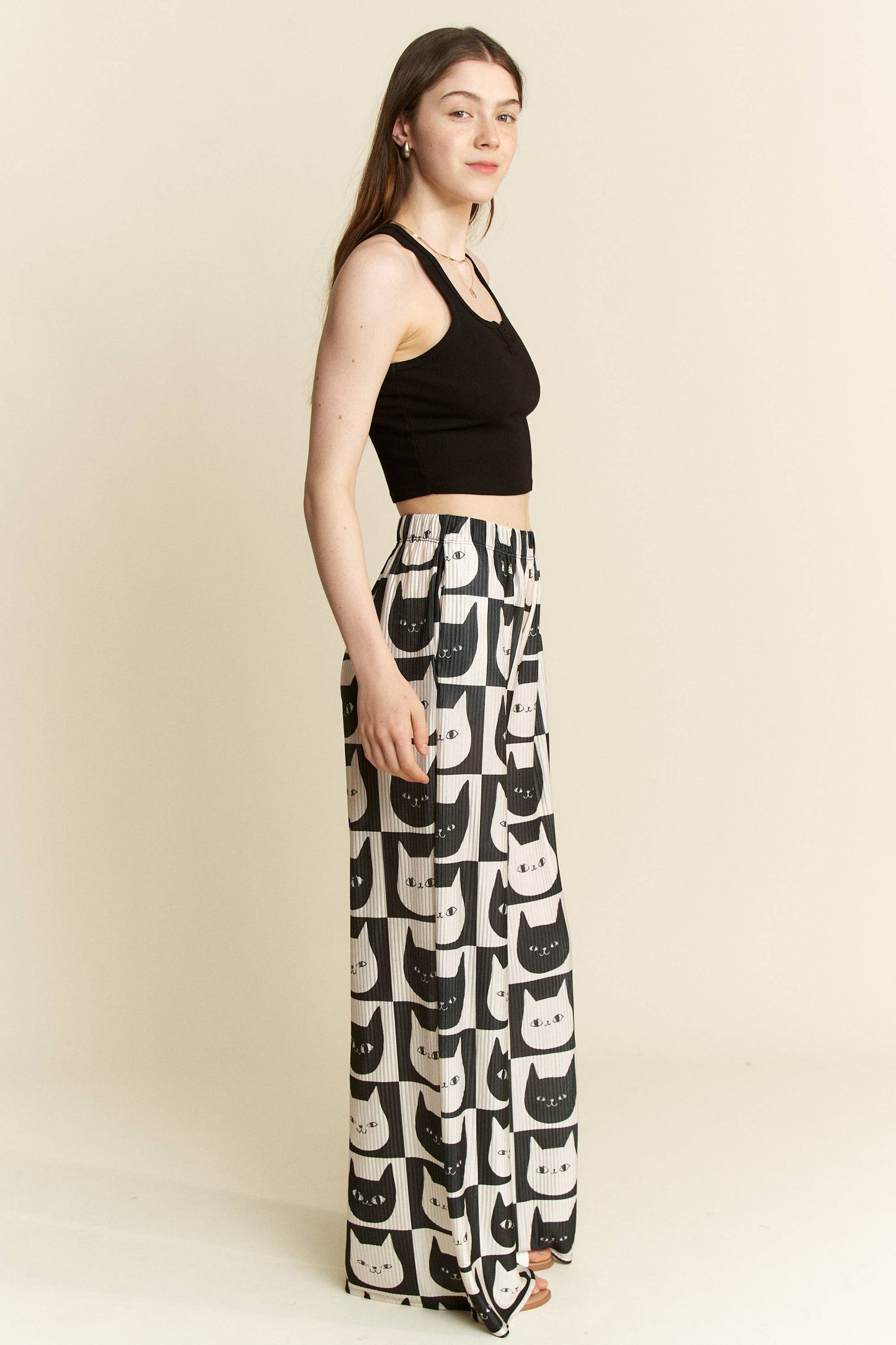 Mid-Rise Cat Face Satin Pants