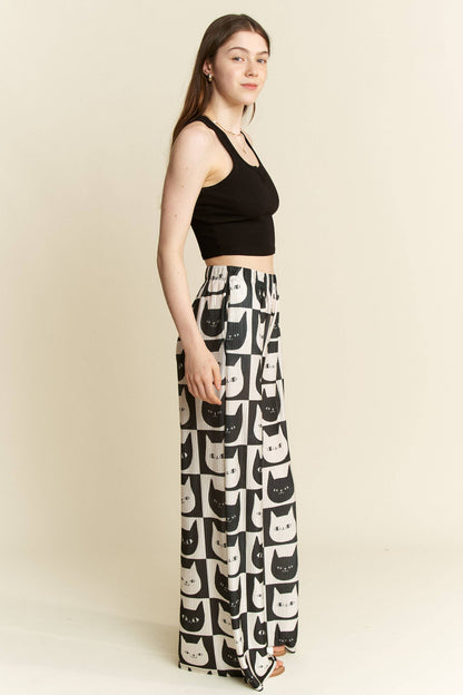 Mid-Rise Cat Face Satin Pants