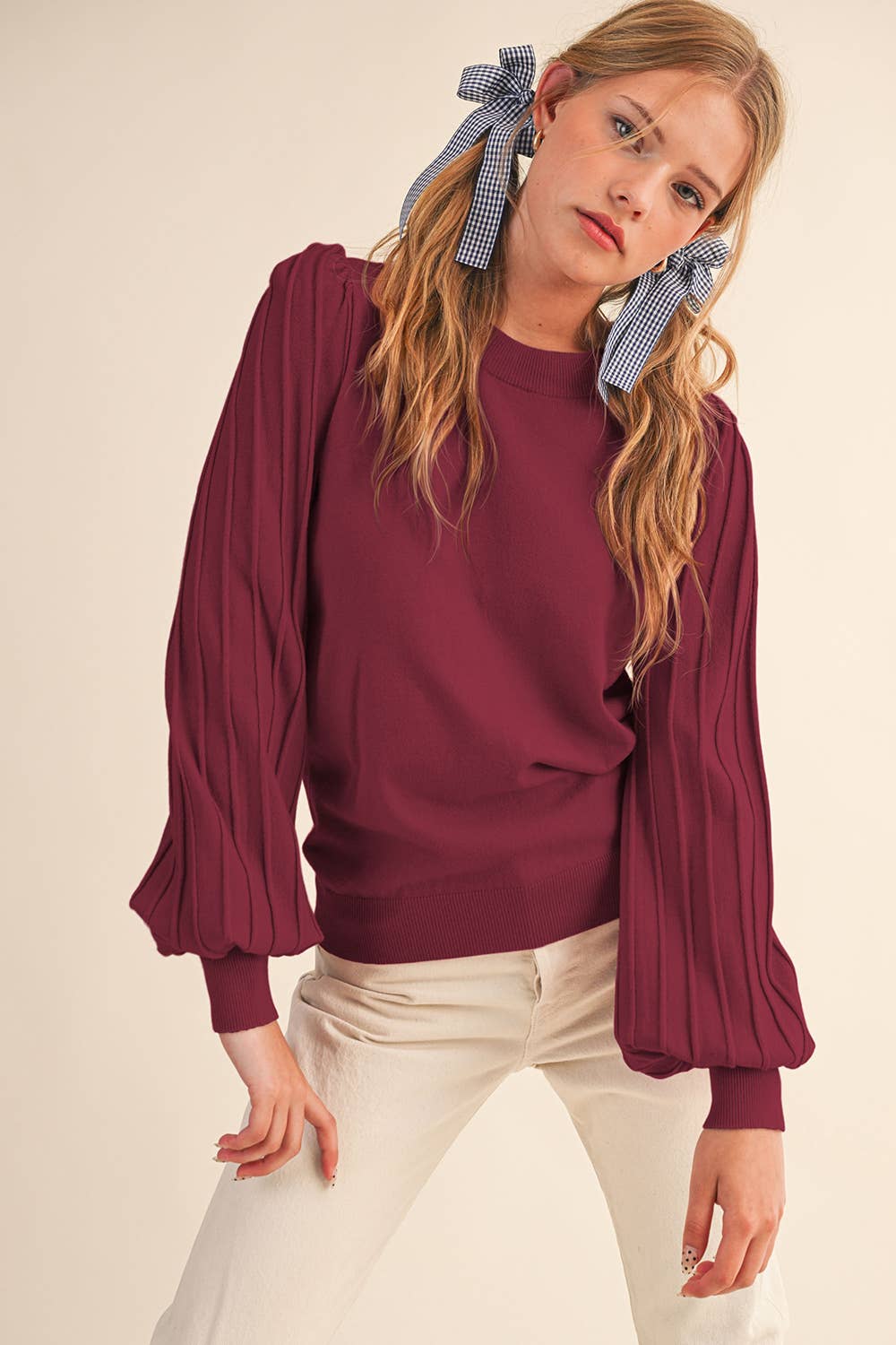 Striped Texture Puff Sleeve Sweater