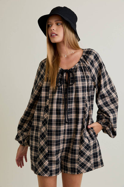 Round Neck Plaid Flannel Romper