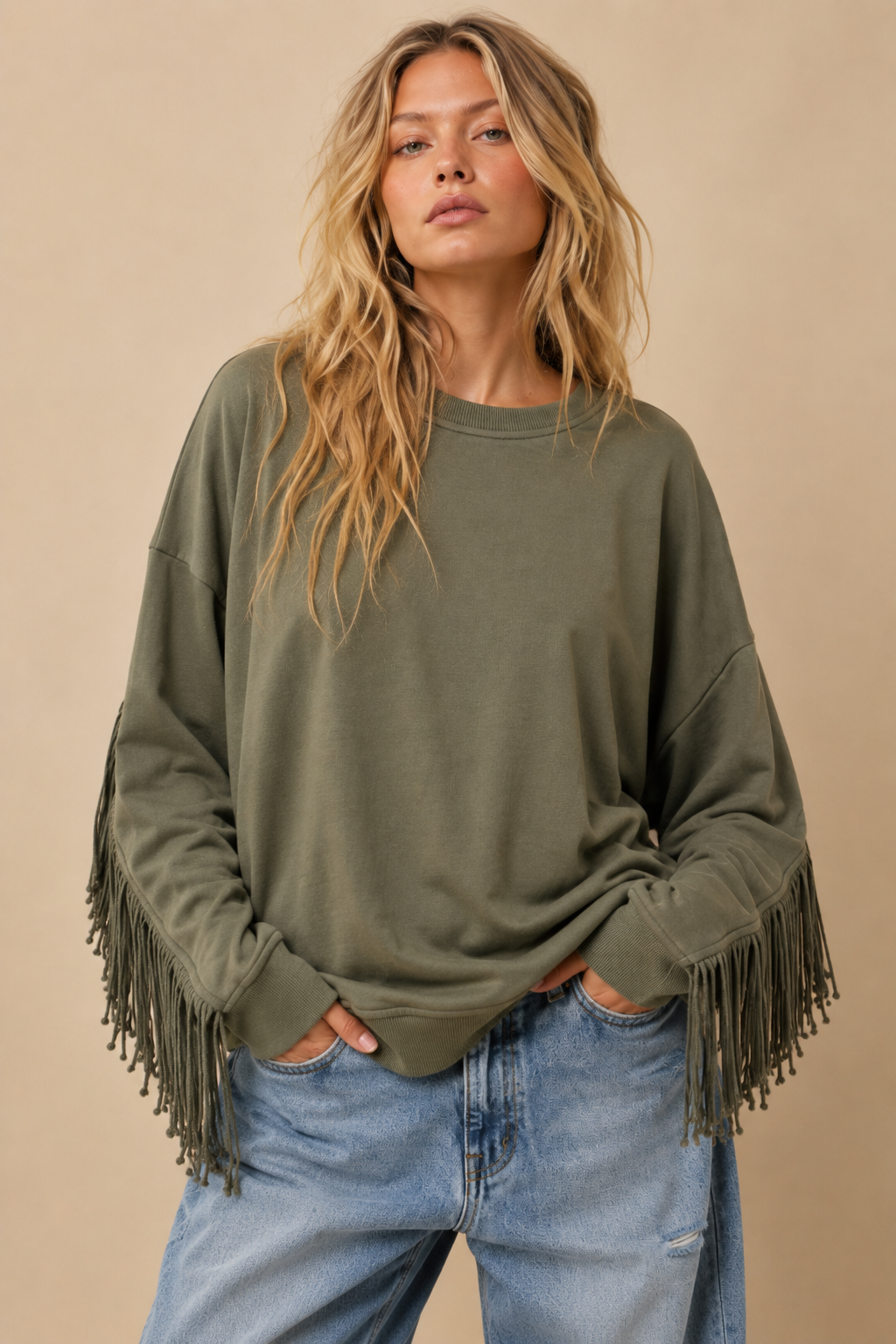 Fringe-Trimmed Oversized Sweatshirt