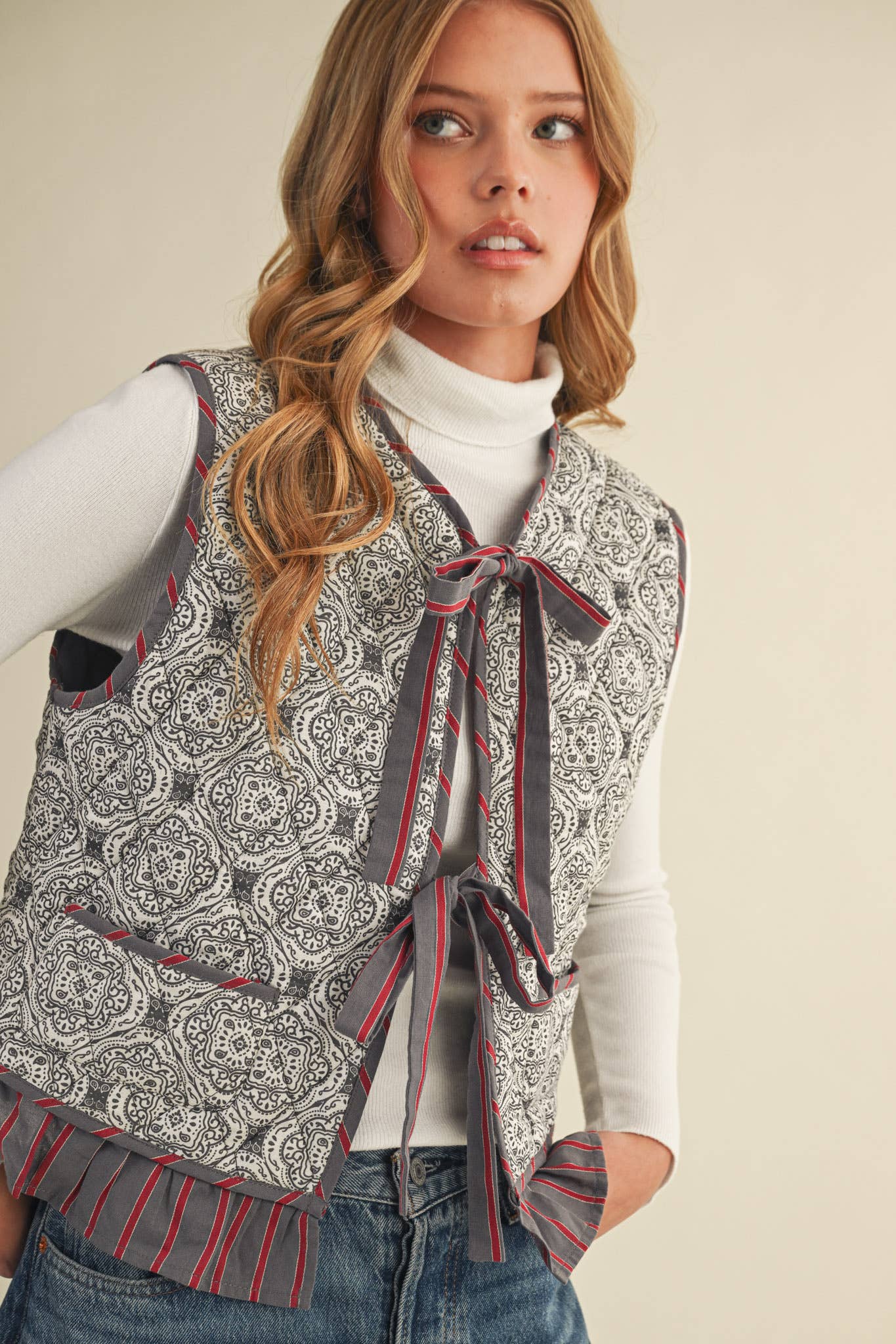 Quilted Block Print Ruffle Vest