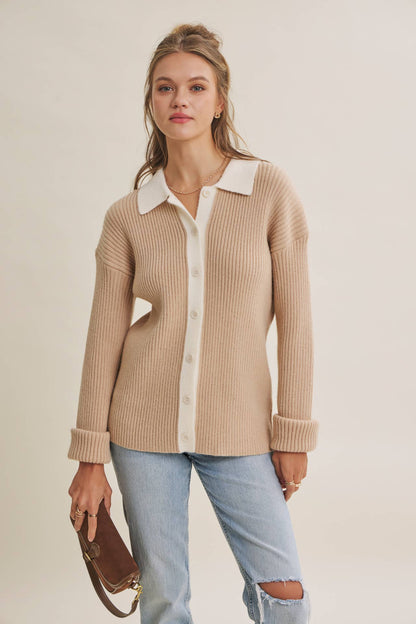 Contrast Collar Ribbed Cardigan