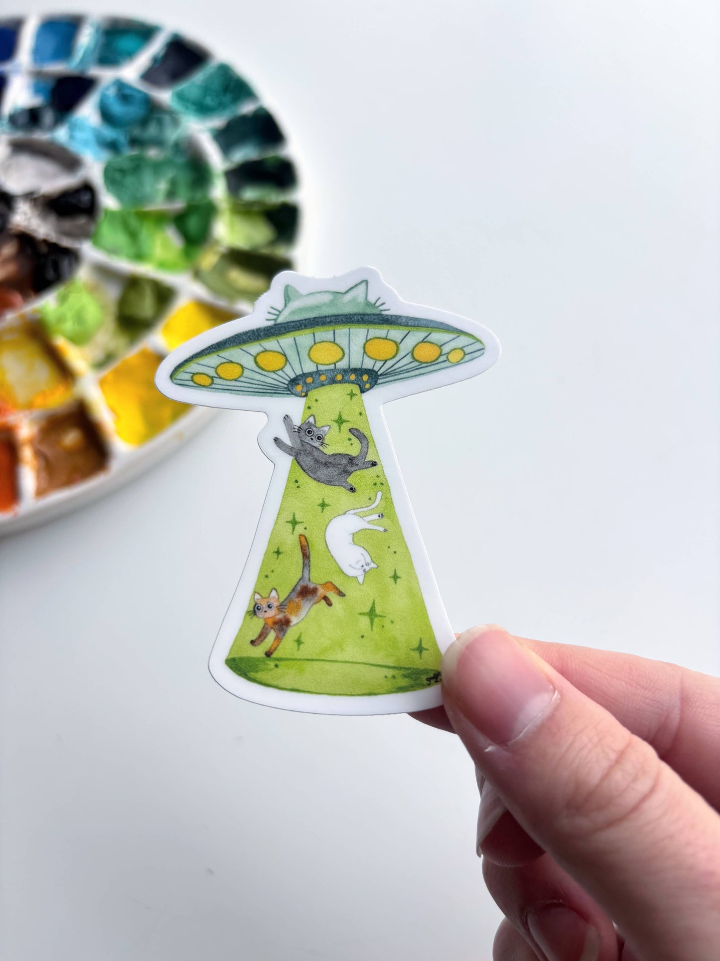 Alien Abduction Cats Vinyl Sticker – Funny UFO Cat Art