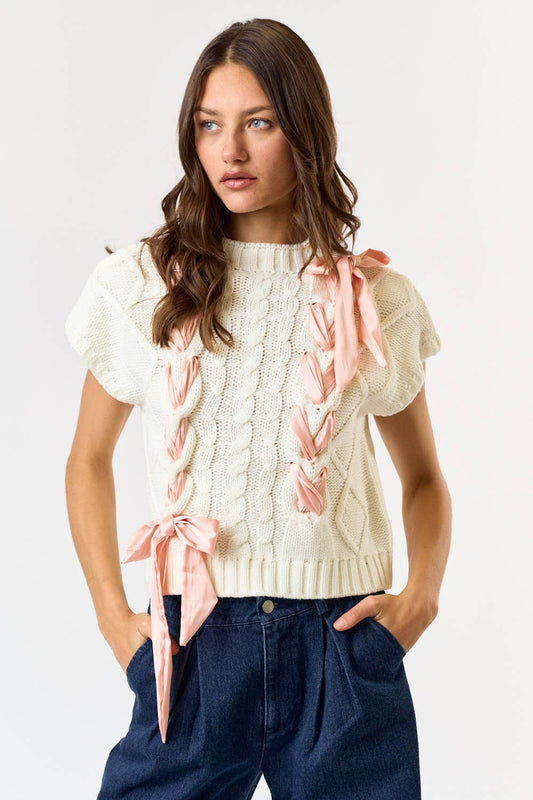 Satin Bow Cable Knit Sweater Vest Top