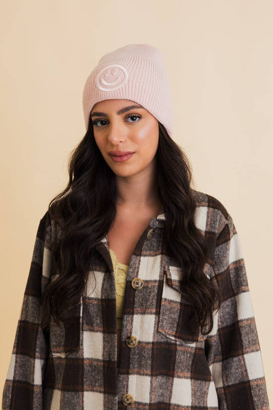 Smiley Face Embroidered Ribbed Knit Beanie