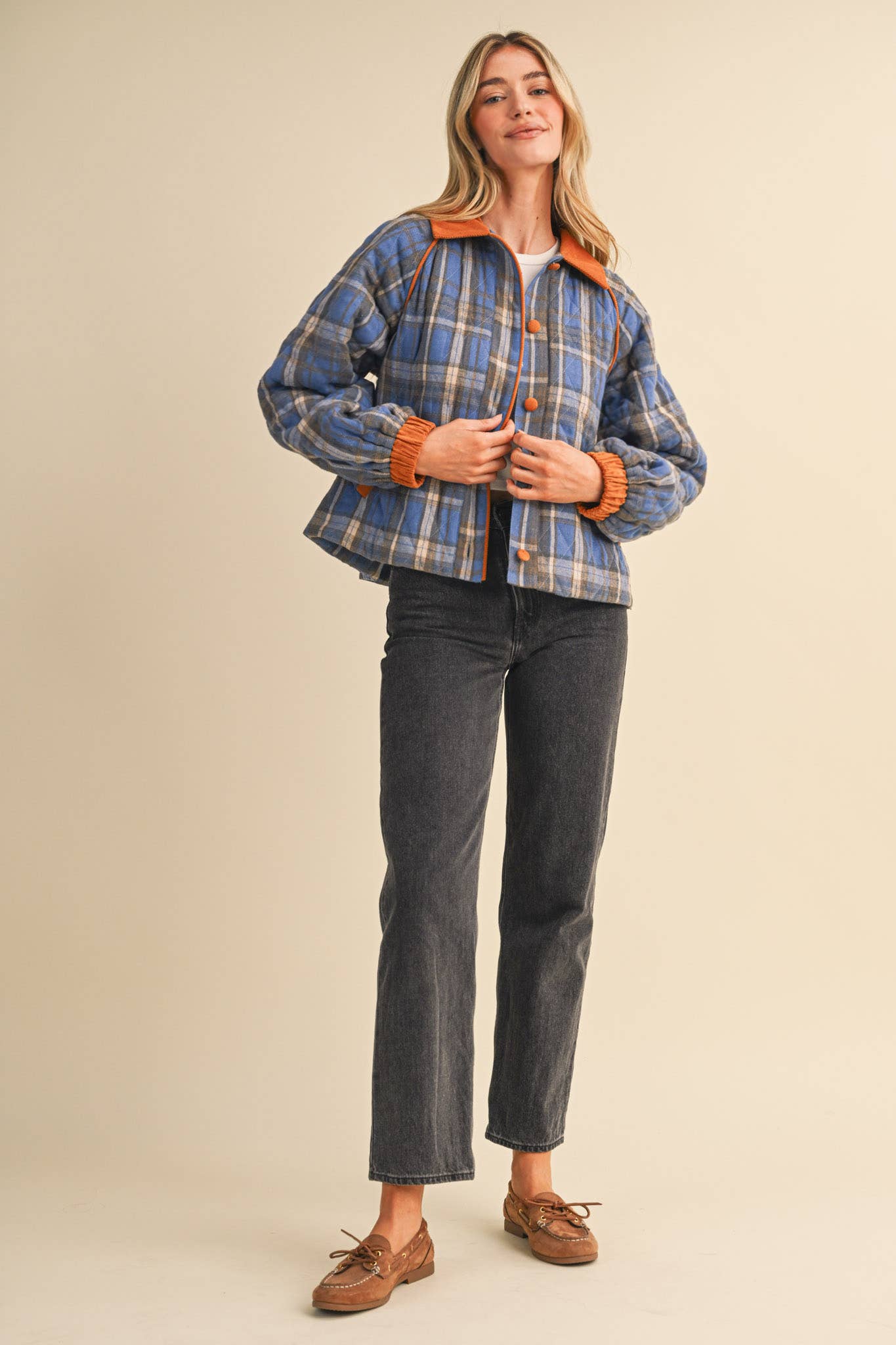 Plaid & Corduroy Contrast Quilted Jacket