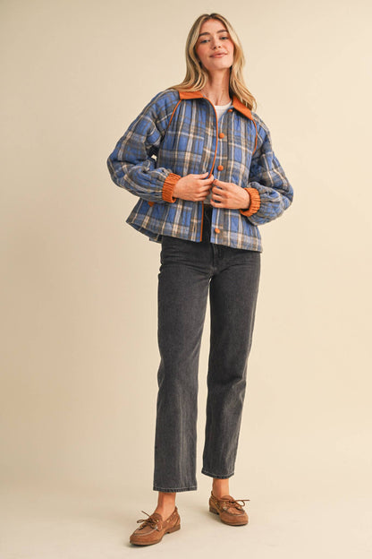 Plaid & Corduroy Contrast Quilted Jacket