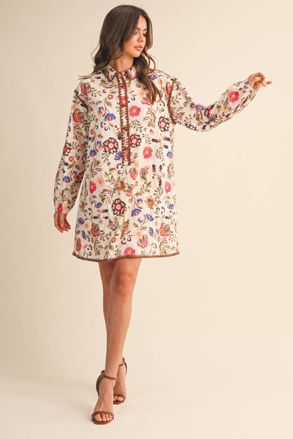 Blanket Stitch Buttoned Mini Dress