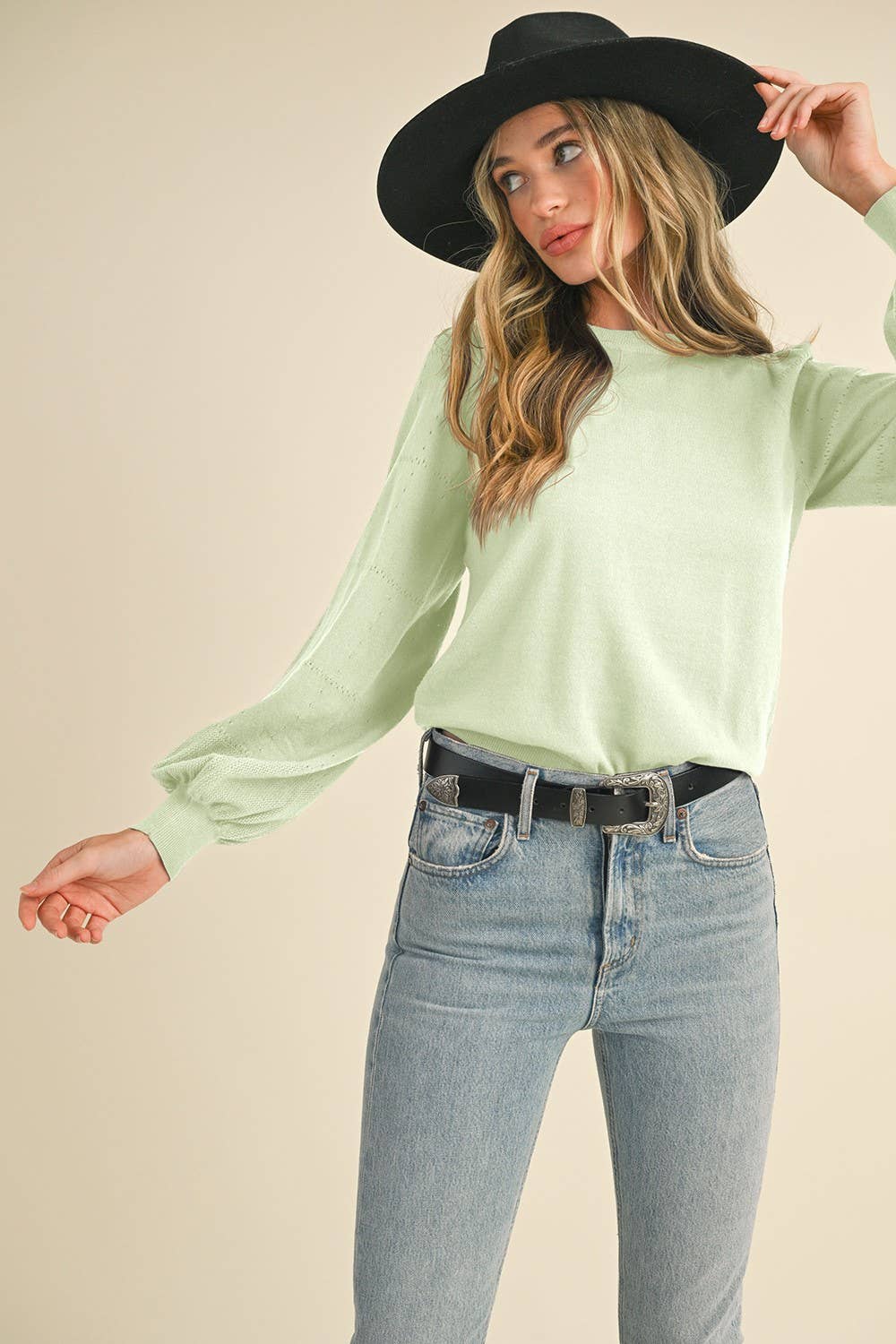 Pointelle Puff Sleeve Sweater