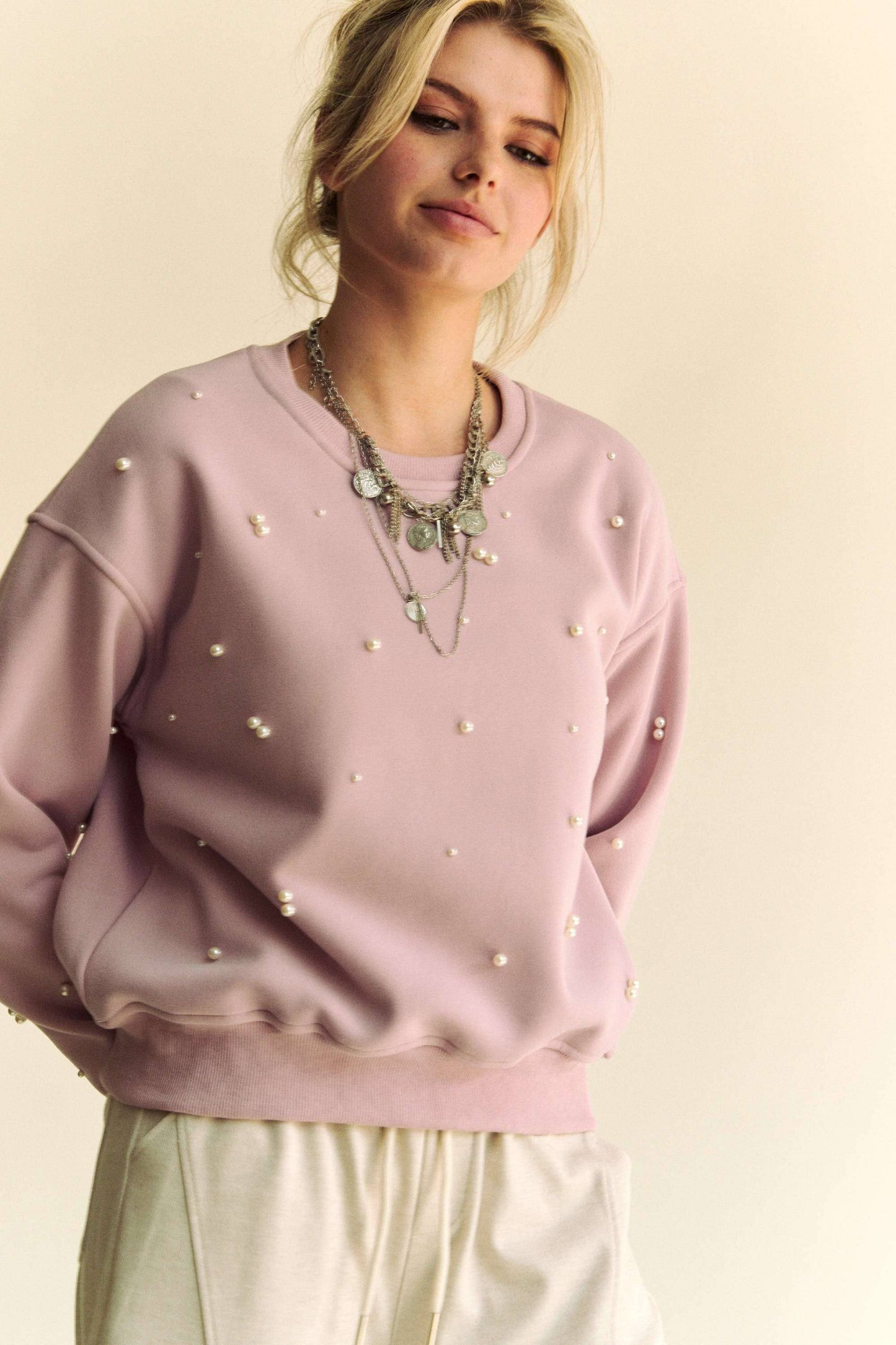 Pearls Drop Shoulder Round Neck Long Sleeve Top