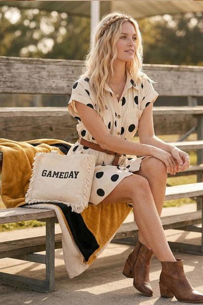 Polka Dot Button Down Pleated Poplin Mini Dress