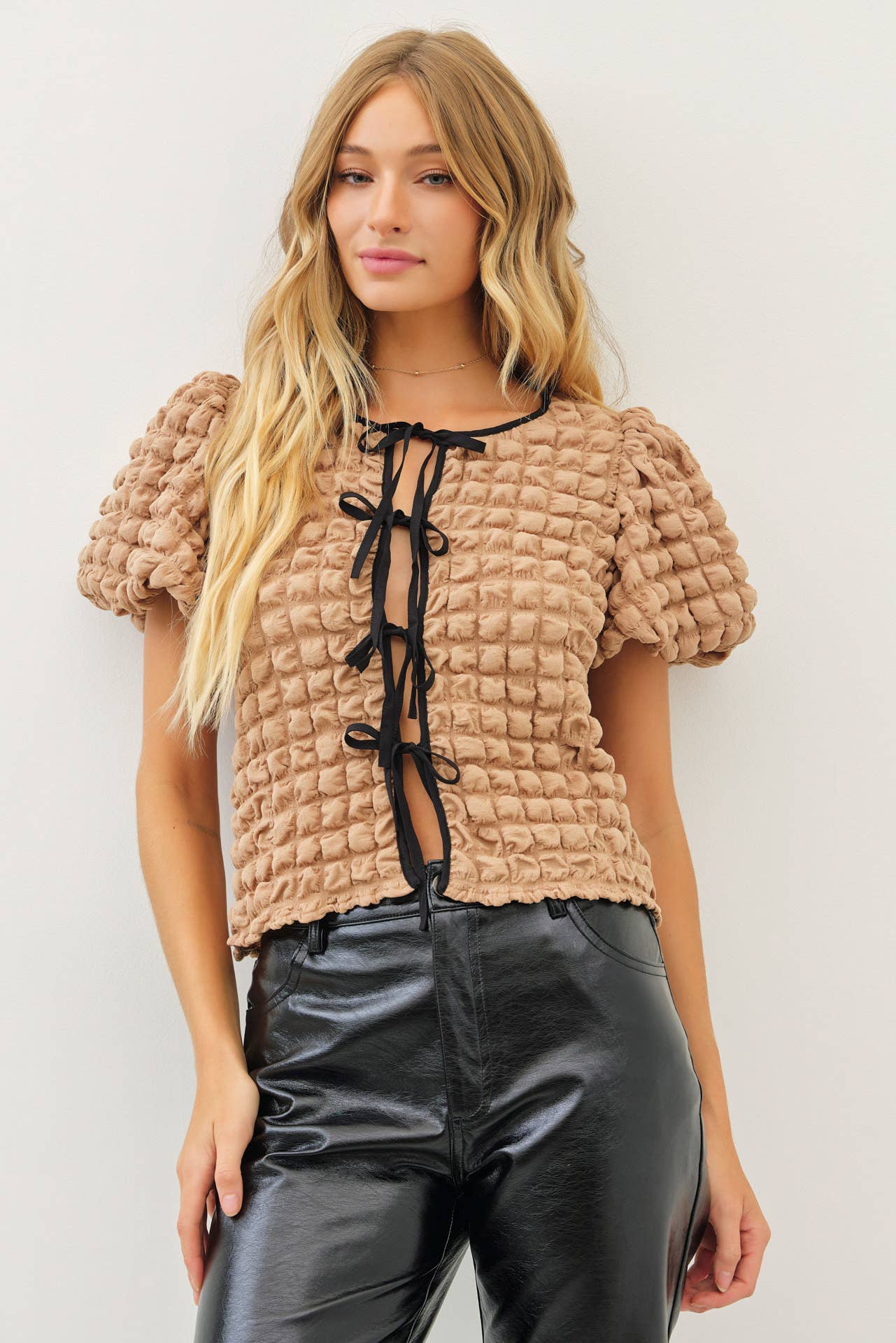 Bubble Textured Top With Contrast Front Tie