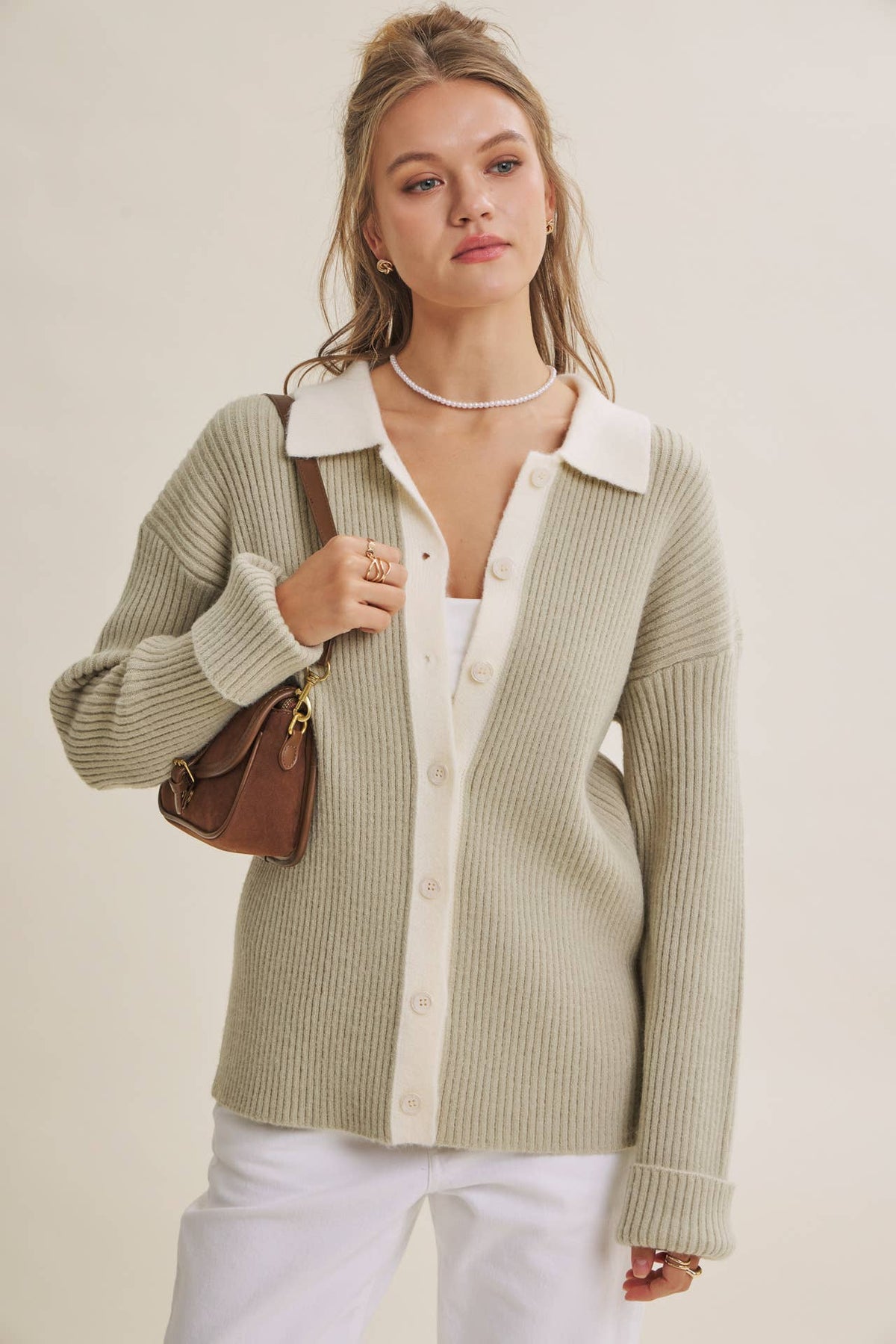 Contrast Collar Ribbed Cardigan