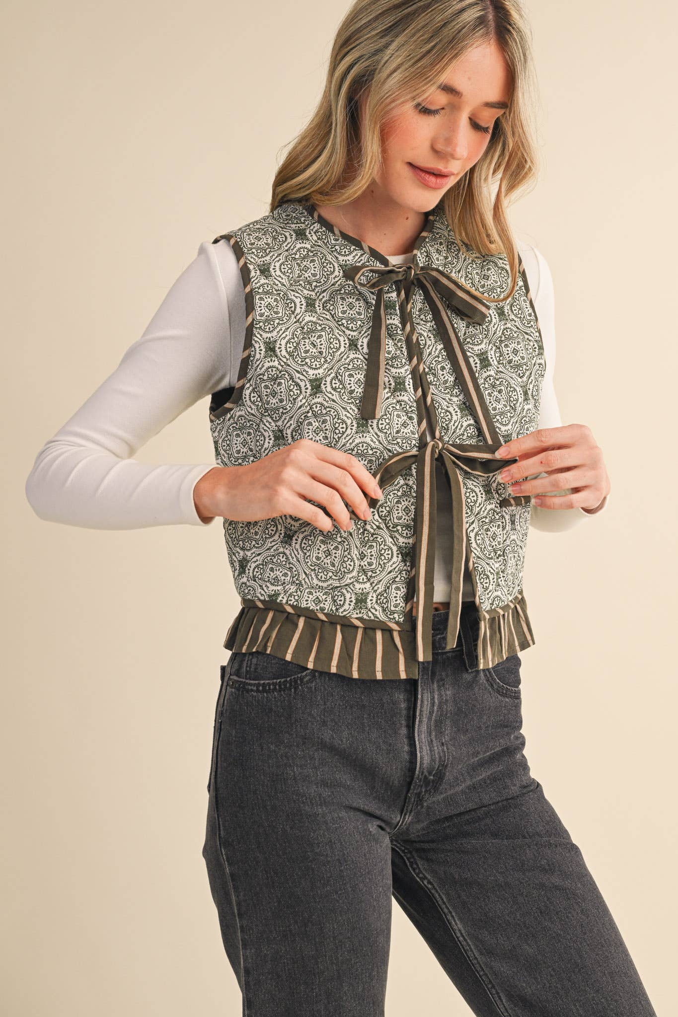 Quilted Block Print Ruffle Vest