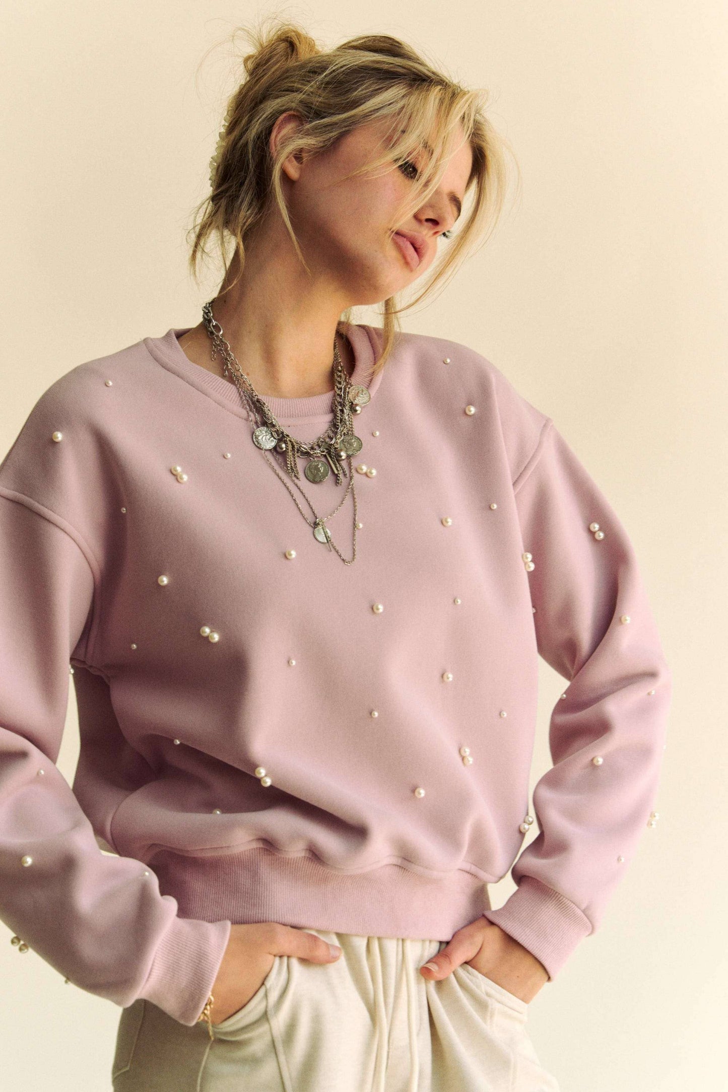 Pearls Drop Shoulder Round Neck Long Sleeve Top