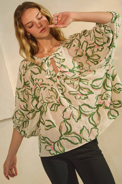 Tie Front Textured Floral Printed Blouse