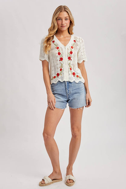 Floral Embroidered Crochet Cardigan