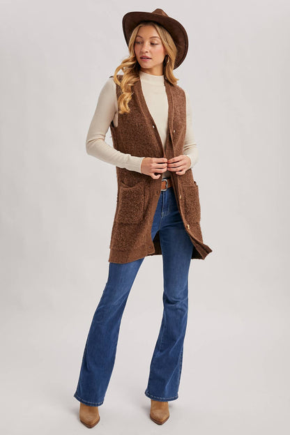 Button Down V-Neck Teddy Knit Vest