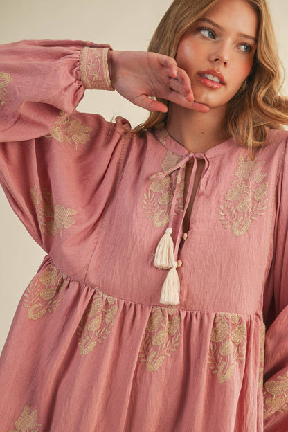 Embroidered Puff Sleeve Mini Dress