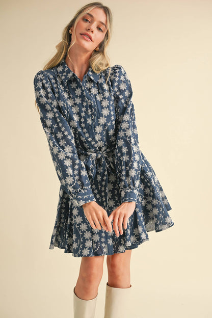 Floral Embroidery Button Down Flared Mini Dress