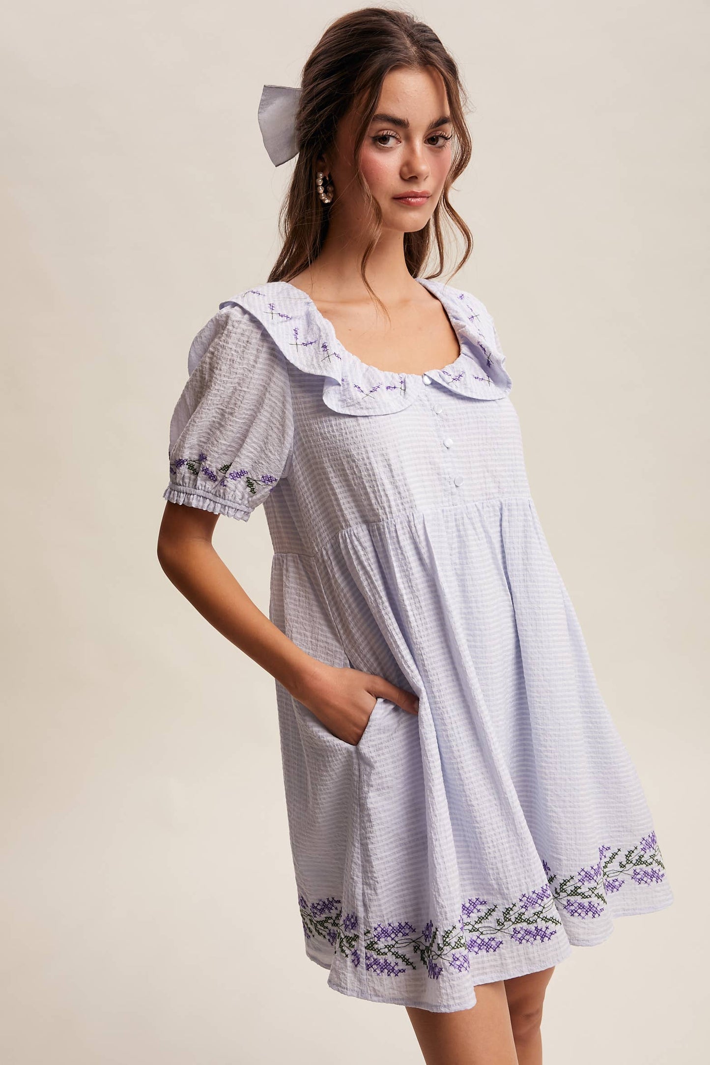 Embroidered Ruffle Collar Textured Gingham Dress