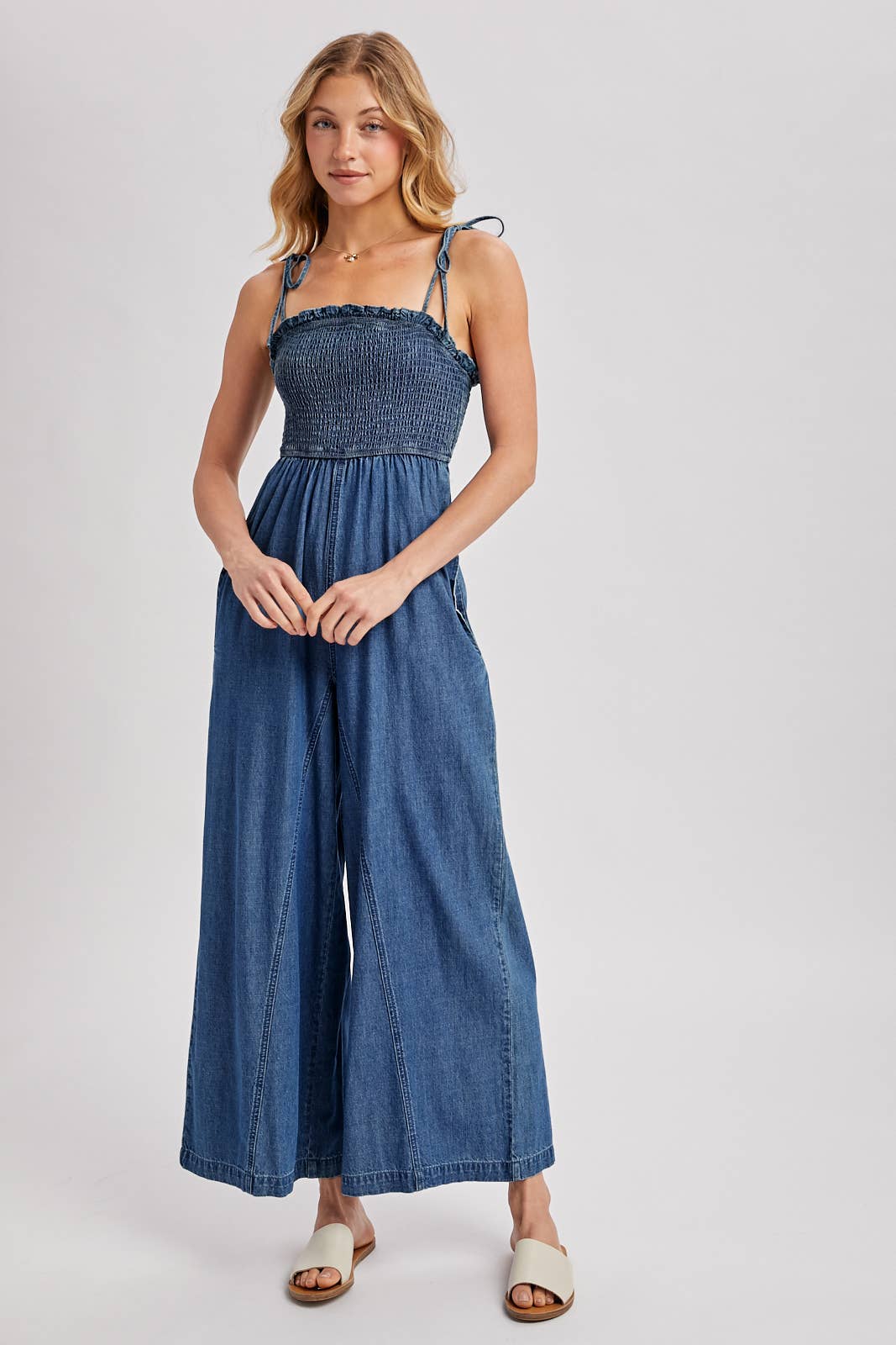 Denim Smocked Jumpsuit