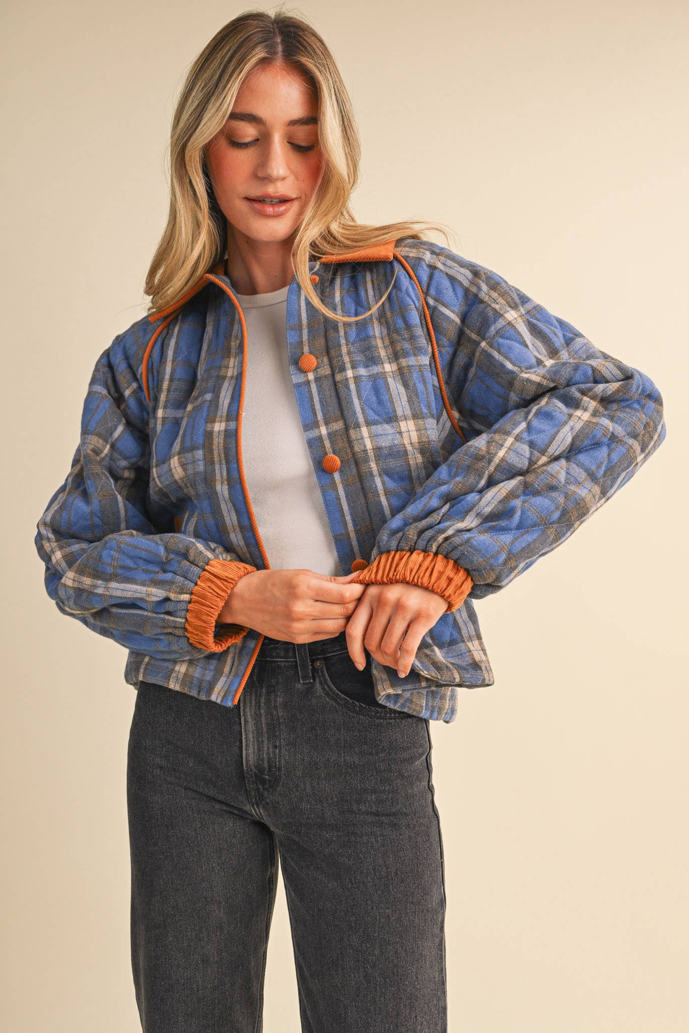 Plaid & Corduroy Contrast Quilted Jacket